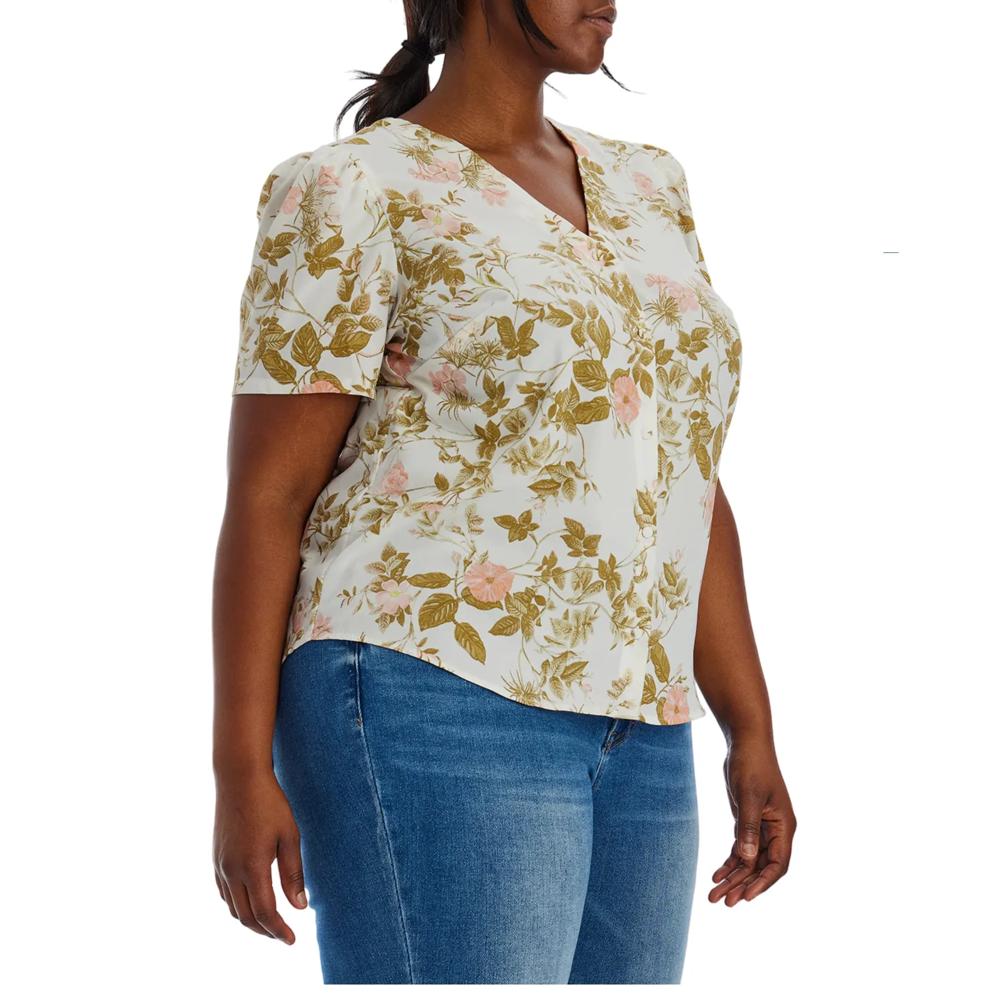 1. STATE Women's Plus Floral Print V-Neck Puff Sleeve Button Up Blouse Top