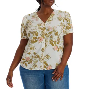 1. STATE Women's Plus Floral Print V-Neck Puff Sleeve Button Up Blouse Top