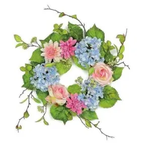 20" Decorative Blue and Pink Rose and Hydrangea Artificial Floral Wreath - Unlit