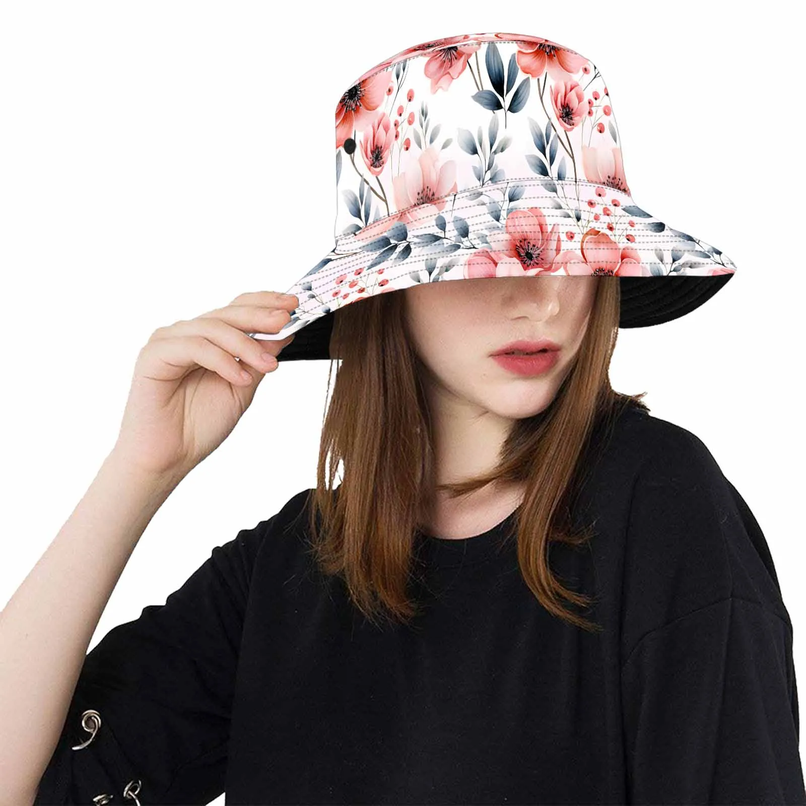 Apricot and Grey Floral  Unisex Summer Single-Layer Bucket Hat