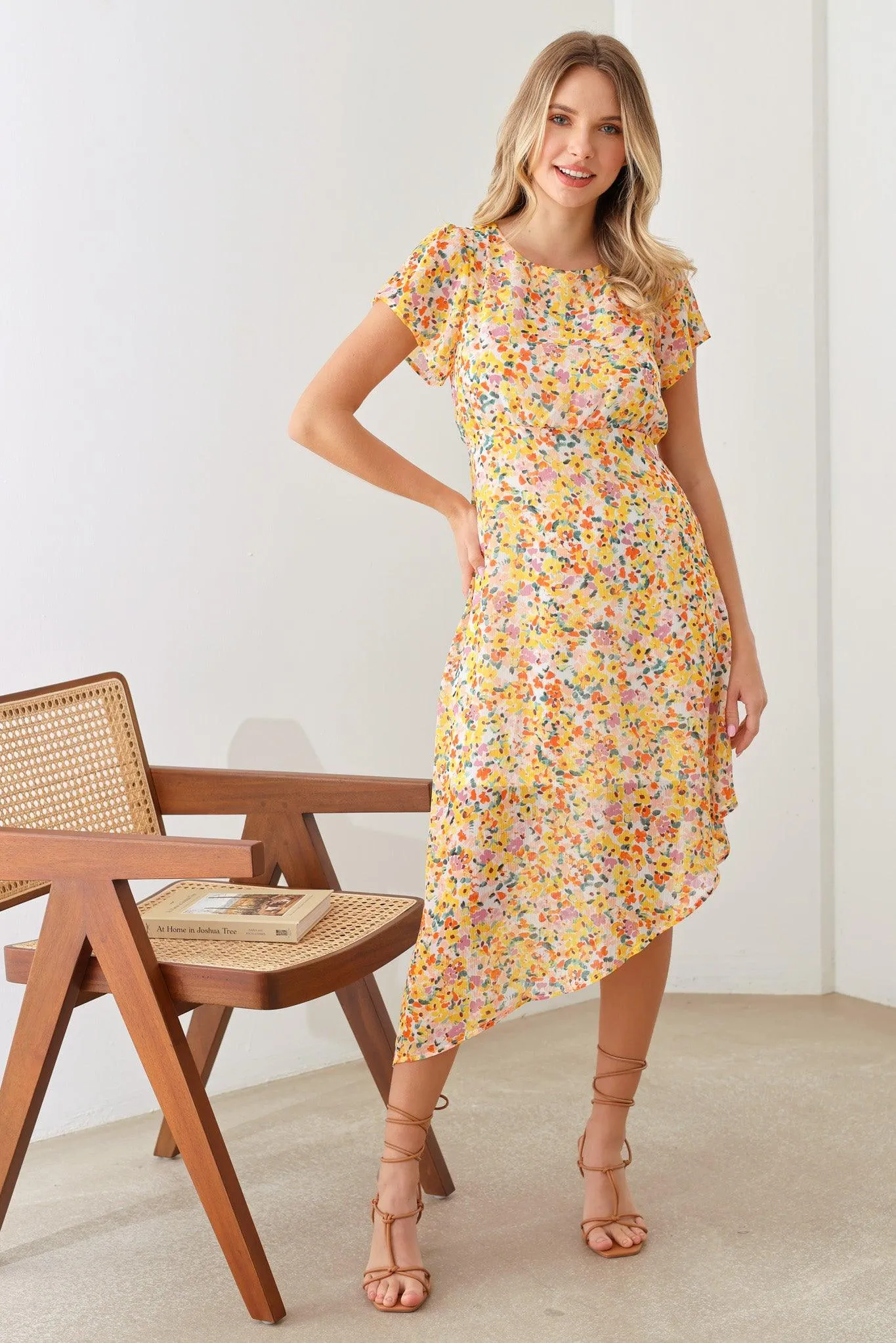 Bohemian Asymmetrical Yellow Floral Short Sleeve Midi Dress