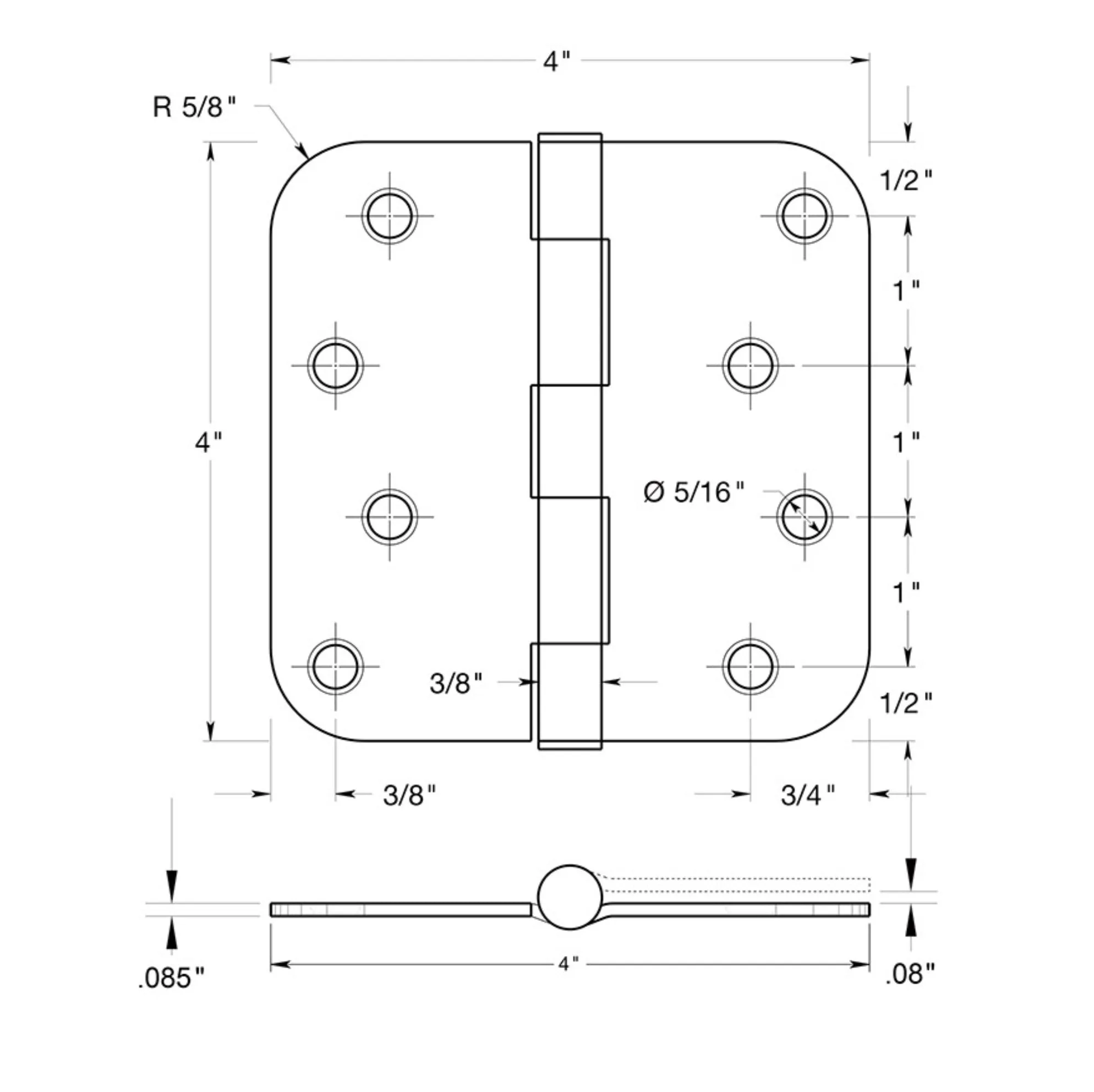 Door Hinge, Polished Chrome, 4" with 5/8" Radius Corners