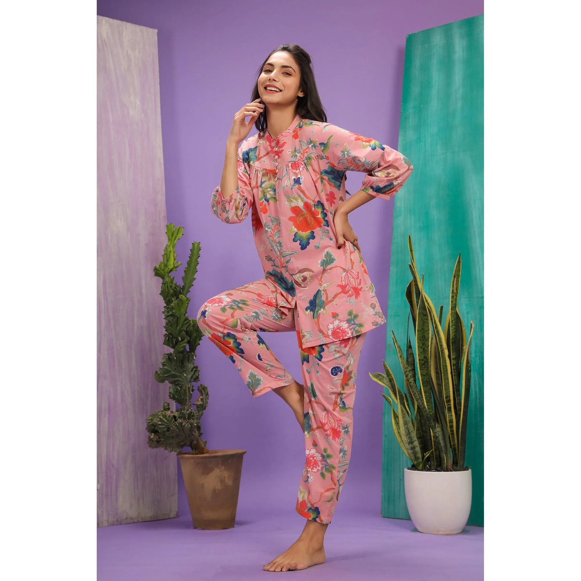 Floral Jaal On Pink Loungewear Top Set