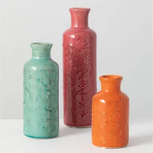 Floral Relief Bottle Vases - Set of 3