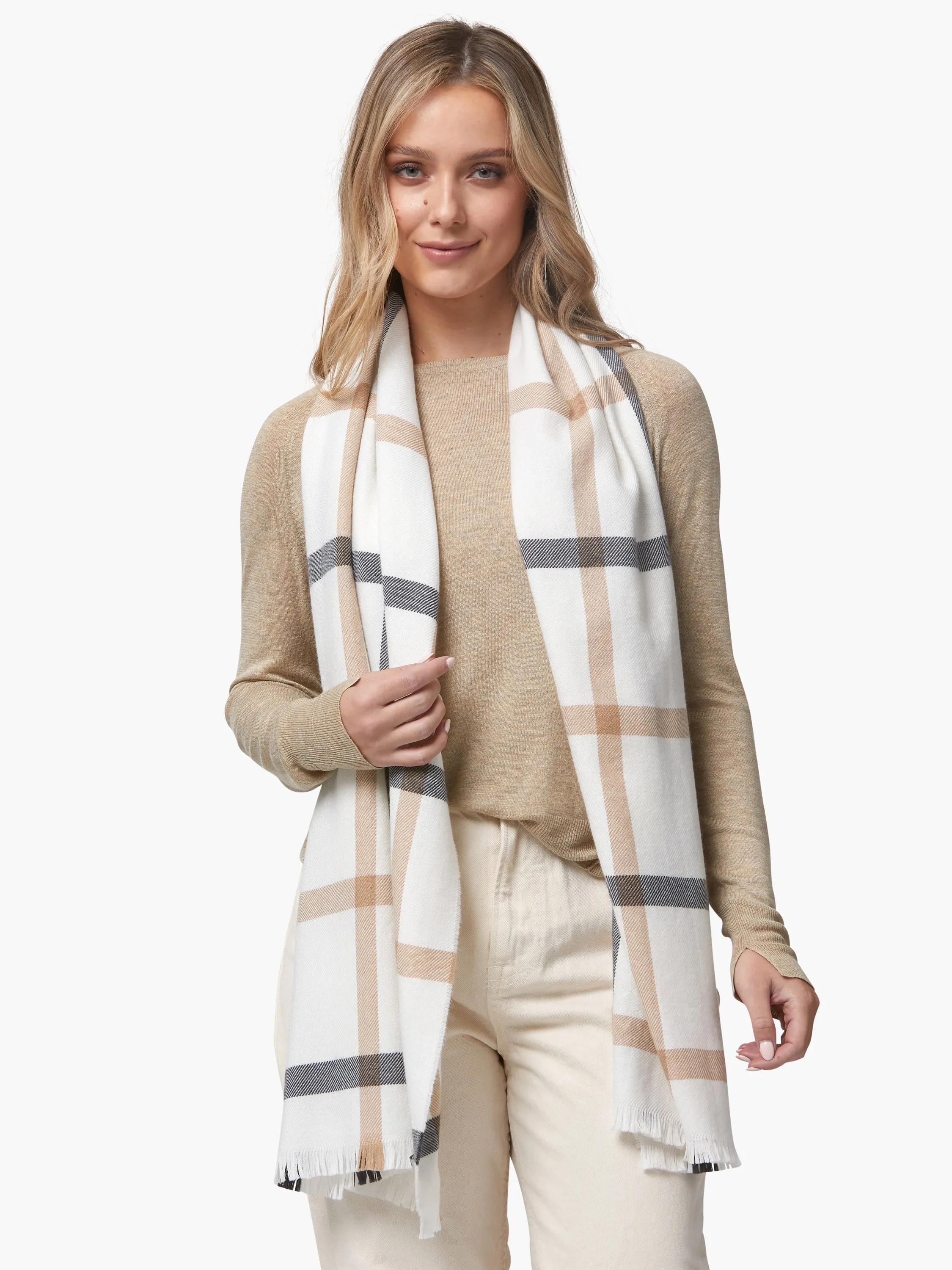 Foxford White Neutral Stripe Extra Fine Merino Scarf