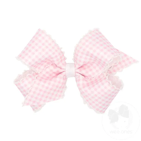 Gingham Print Grosgrain Girls Hair Bow With Moonstitch Edge