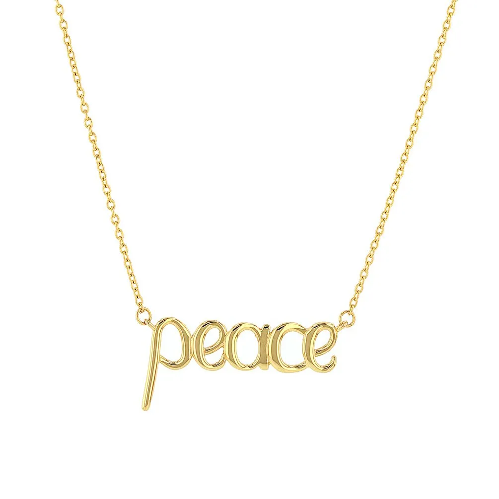 JewelryAmerica Solid 14K Yellow Gold Scripted Peace Necklace