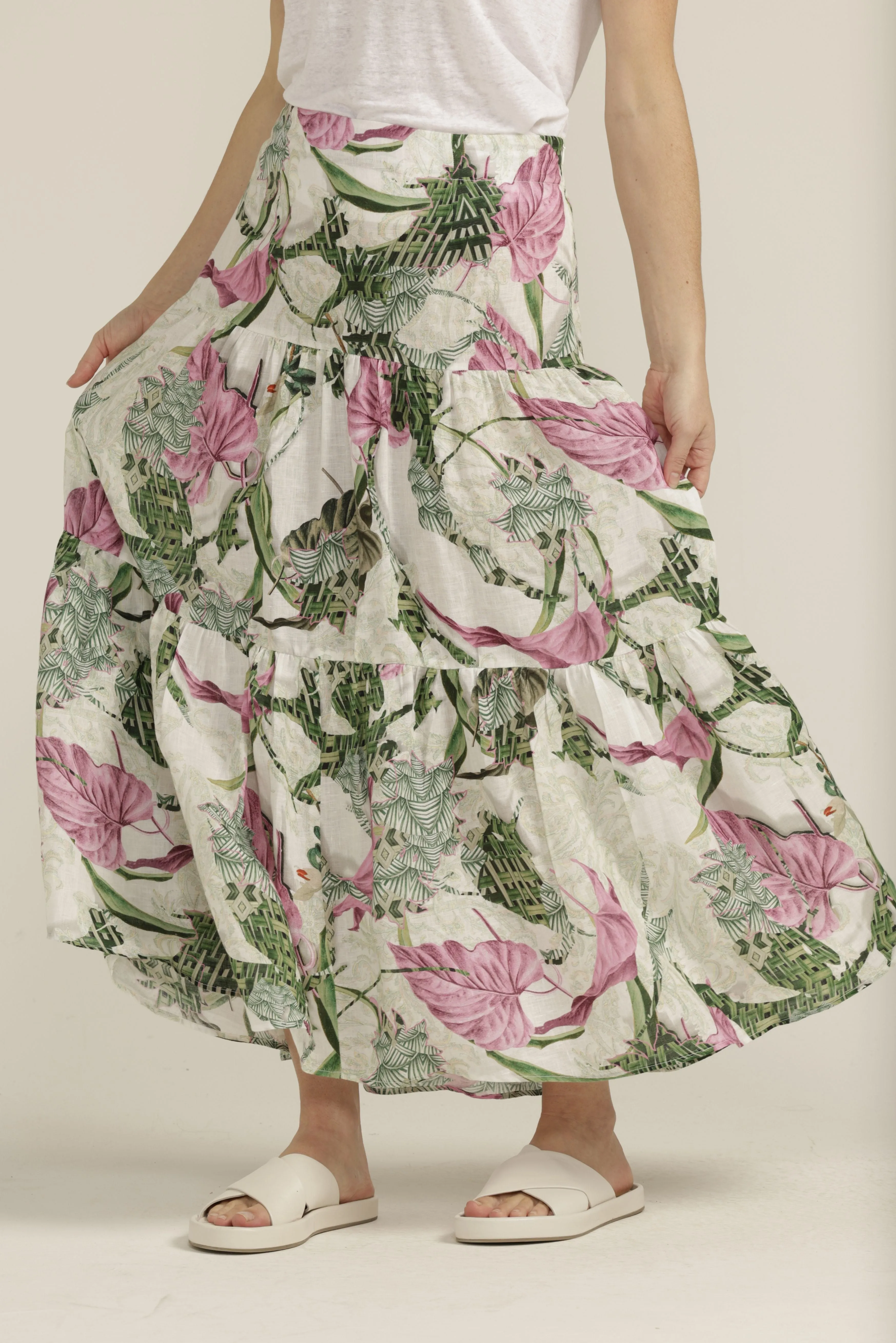 Linen Palms Print Tiered Skirt