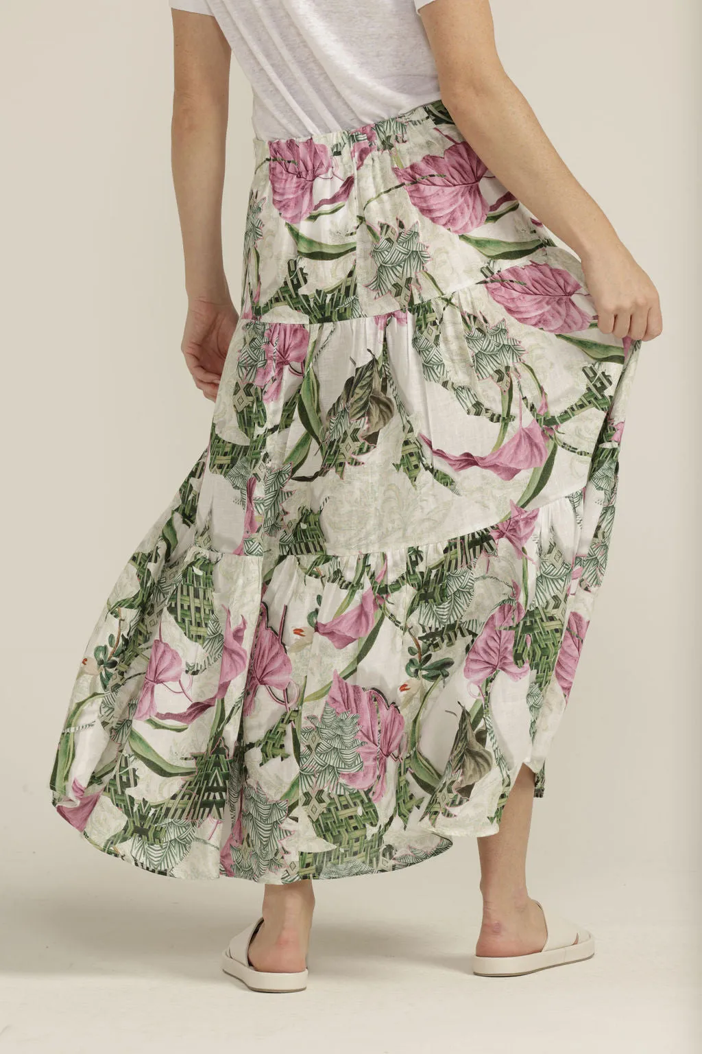 Linen Palms Print Tiered Skirt