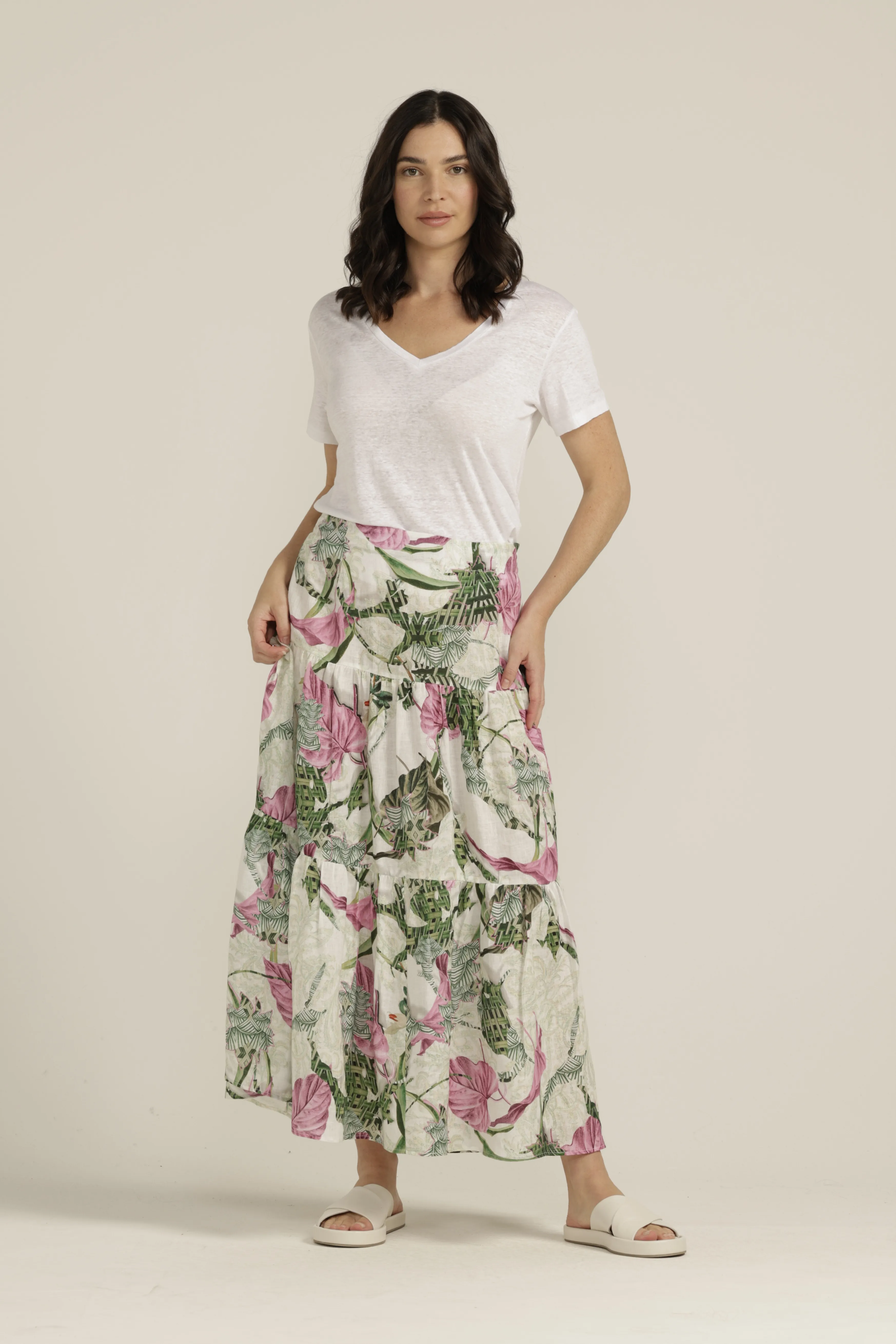 Linen Palms Print Tiered Skirt