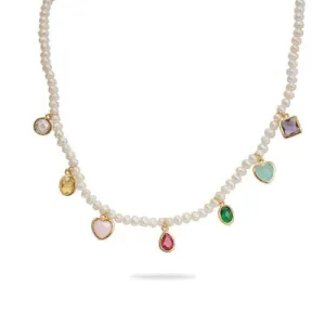 Luxenter Pearl Necklace with Multi-coloured stones