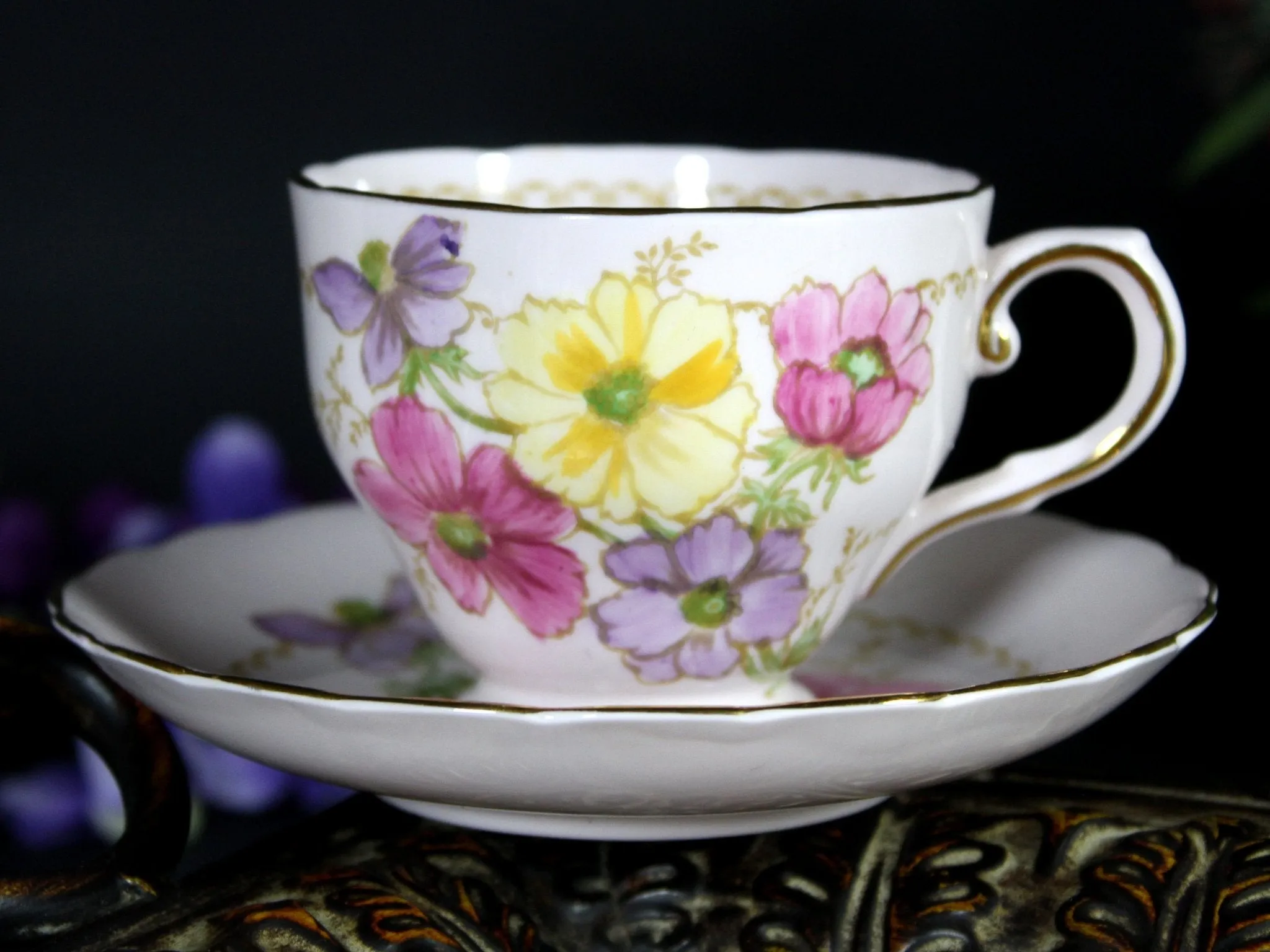 Pink Tuscan Teacup, Vintage Floral Tea Cup & Saucer England -J