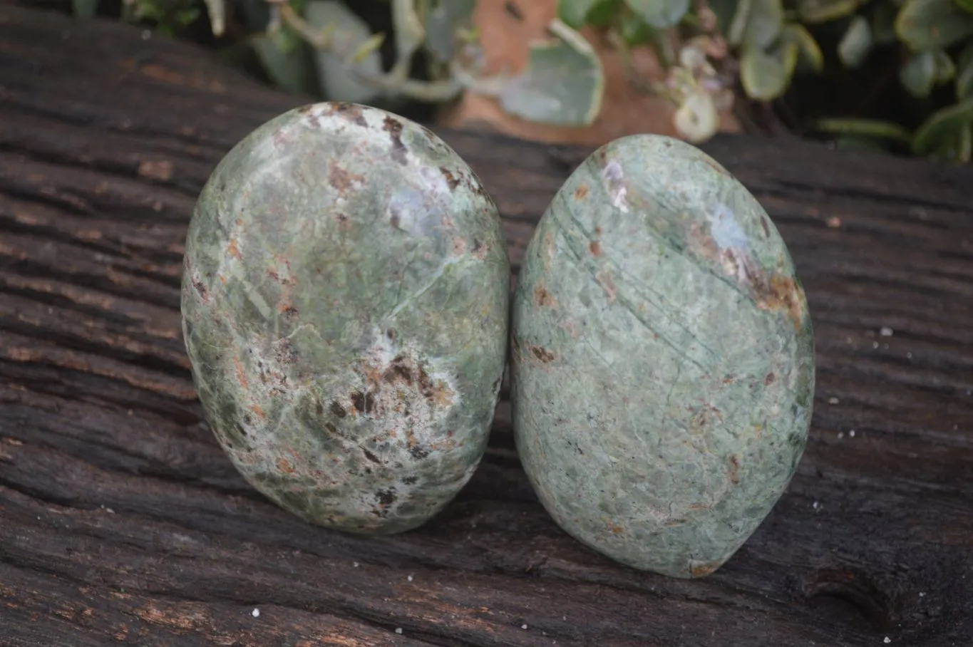 Polished Green Chrysoprase Standing Free Forms  x 2 From Ambatondrazaka, Madagascar