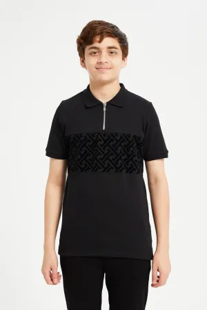 Senior Boys Black Cut And Sew Collared Zip Polo Neck  T-Shirt