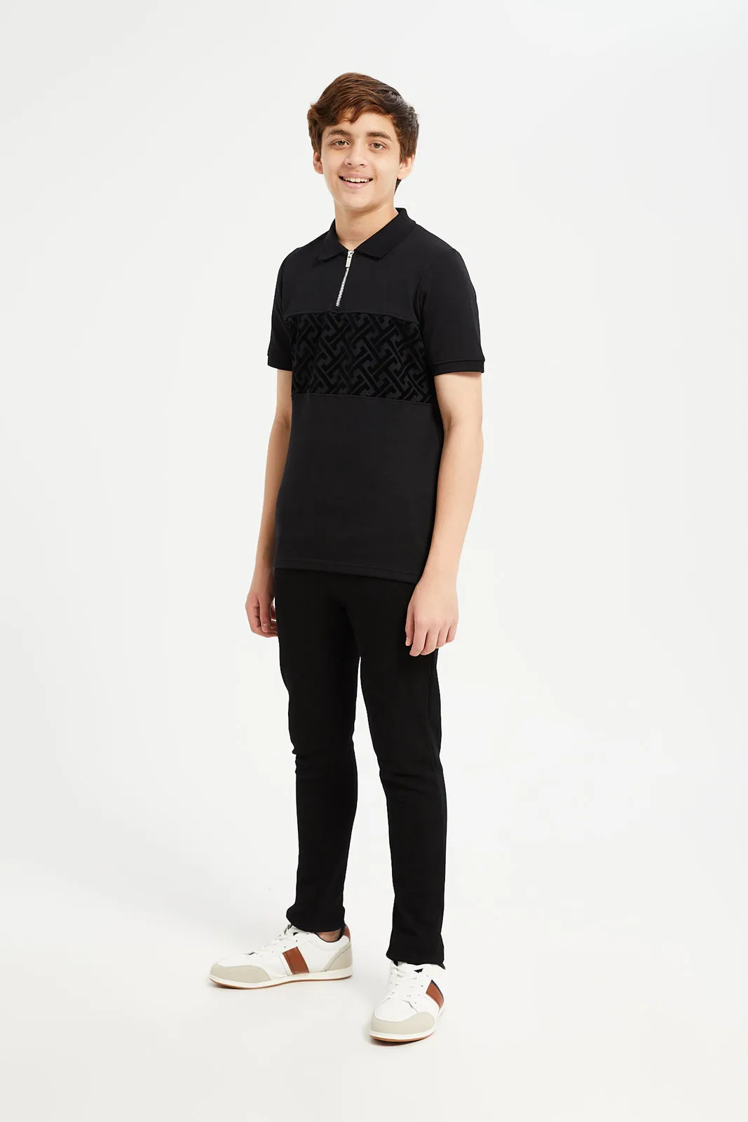 Senior Boys Black Cut And Sew Collared Zip Polo Neck  T-Shirt