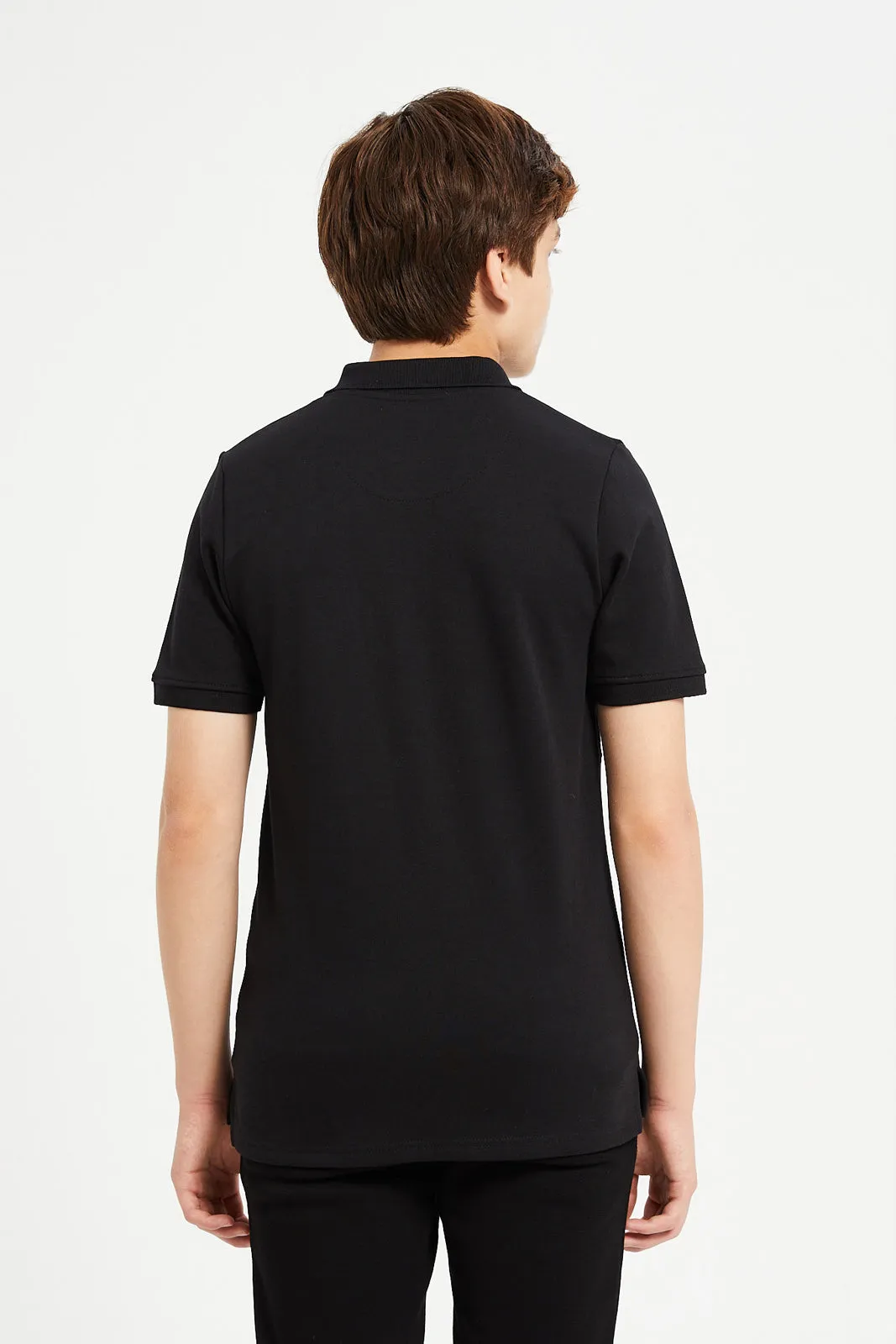 Senior Boys Black Cut And Sew Collared Zip Polo Neck  T-Shirt