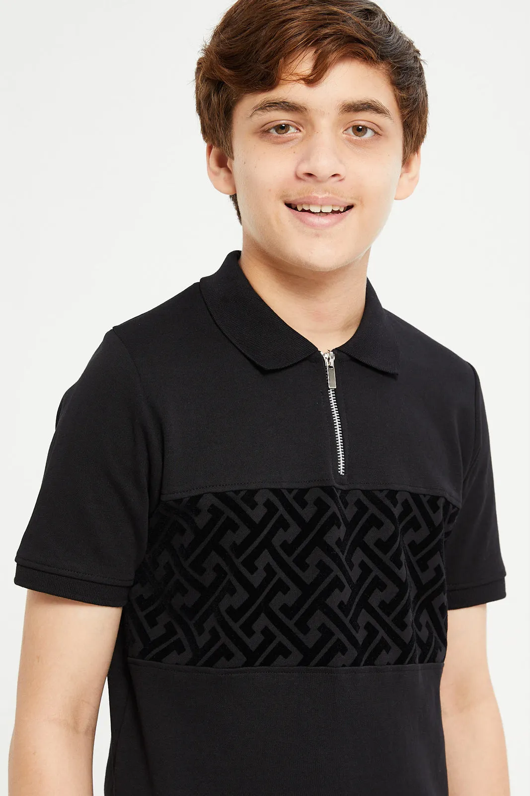 Senior Boys Black Cut And Sew Collared Zip Polo Neck  T-Shirt