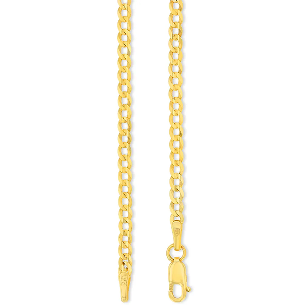 Solid 14K Yellow Gold 3mm Concave Cuban Link Curb Chain Necklace with Lobster Clasp