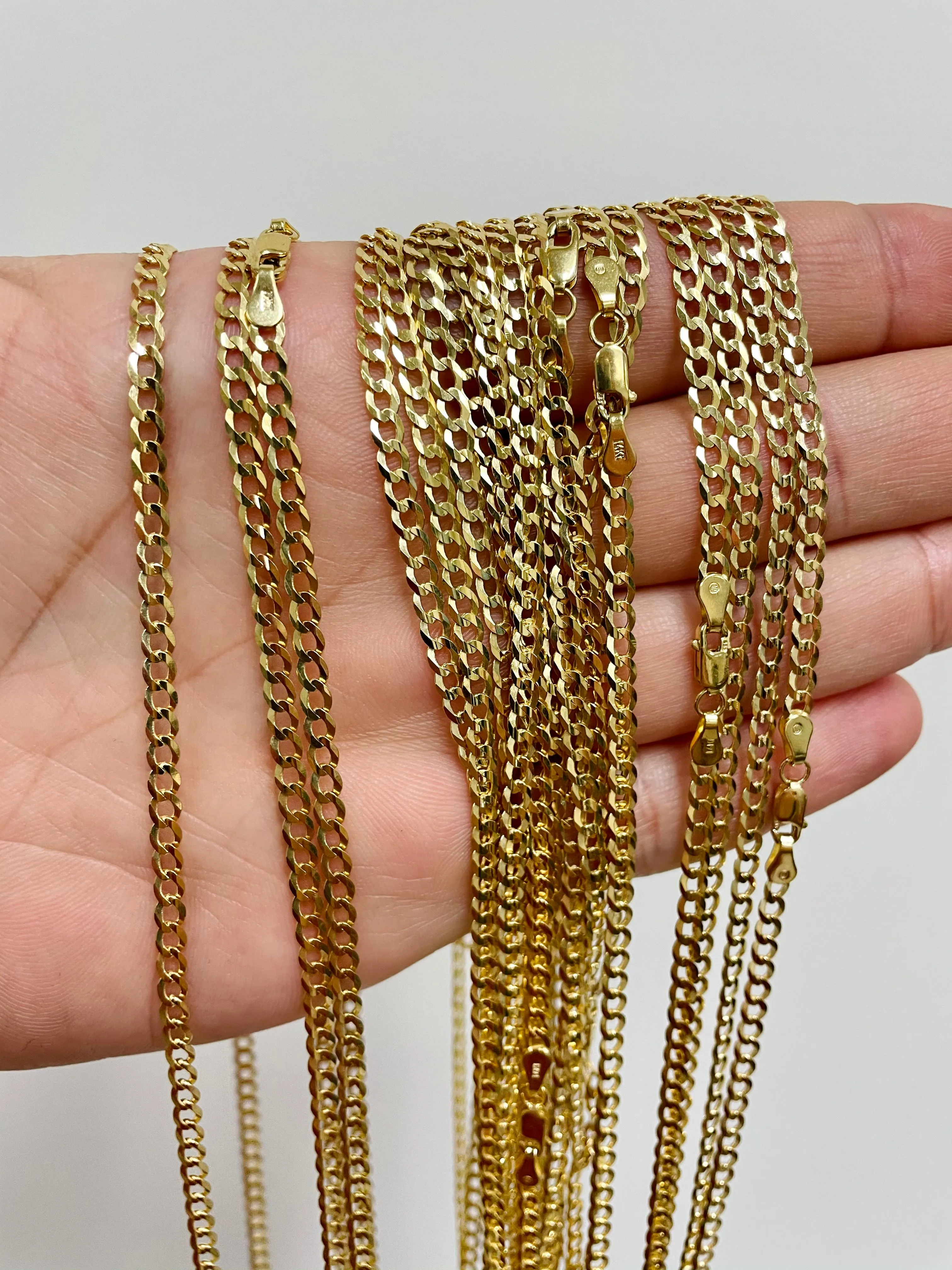 Solid 14K Yellow Gold 3mm Concave Cuban Link Curb Chain Necklace with Lobster Clasp