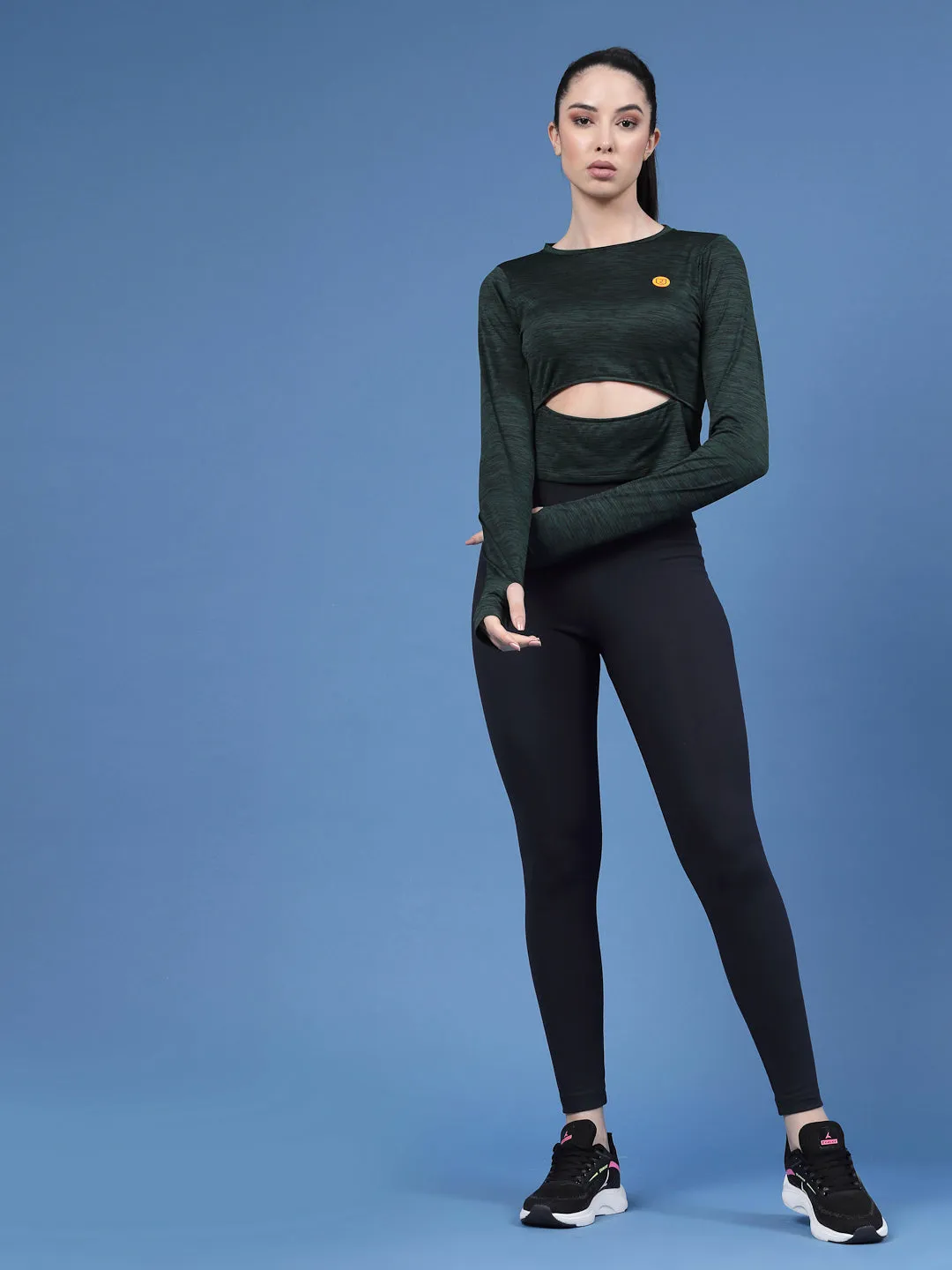 Solid Full Sleeves Round Neck Slim Fit Women Active Wear Crop Top