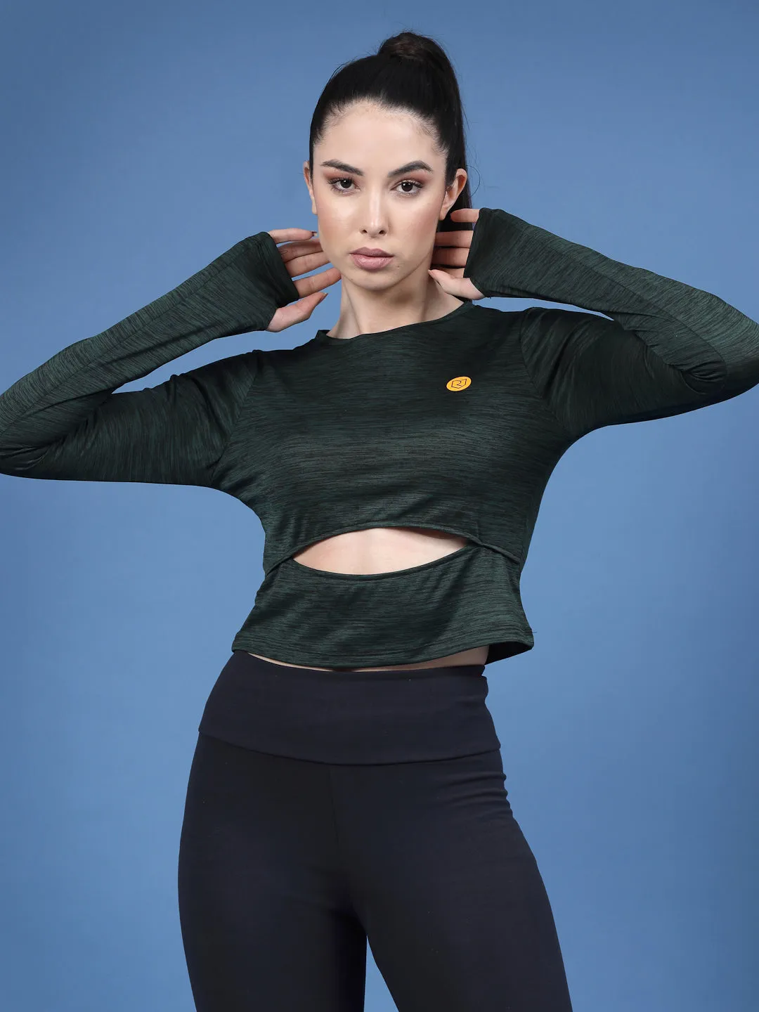 Solid Full Sleeves Round Neck Slim Fit Women Active Wear Crop Top