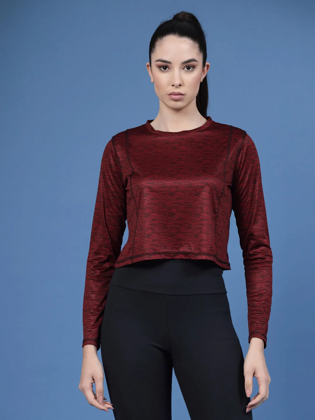 Solid Full Sleeves Round Neck Slim Fit Women Active Wear Crop Top