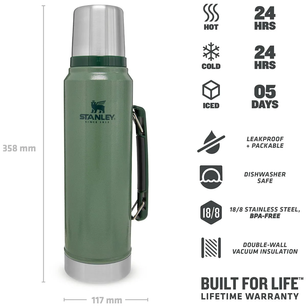 Stanley Classic Legendary Vacuum Thermos Flask 1L Hammertone Green