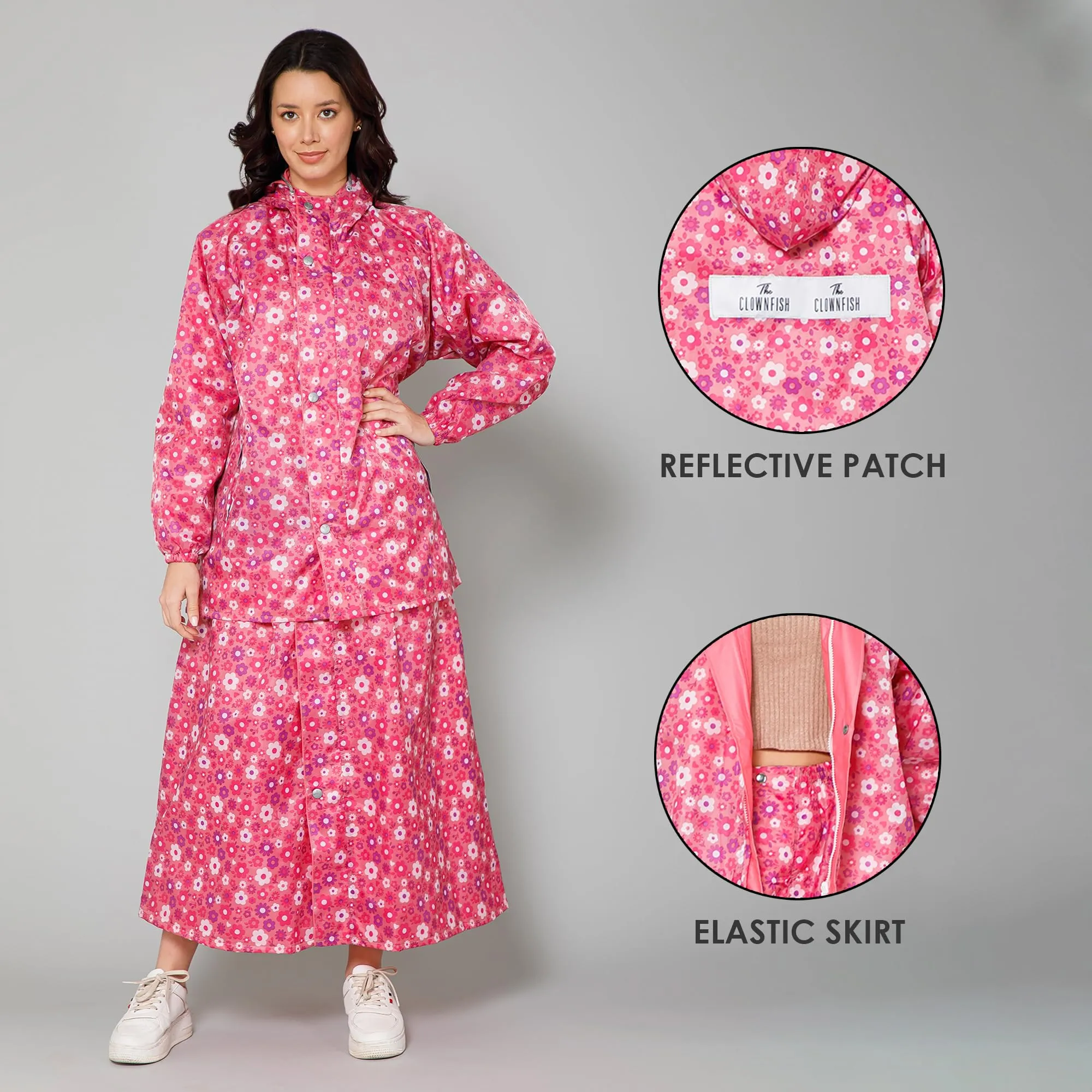 THE CLOWNFISH Polyester Waterproof Rain Coat For Women Skirt and Top Raincoat With Adjustable Hood and Front Pockets Rain Glam Series (Pink Floral, XX-Large)