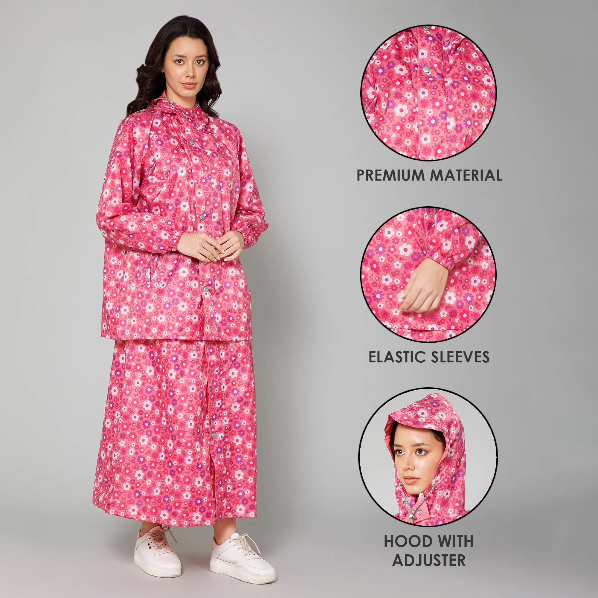 THE CLOWNFISH Polyester Waterproof Rain Coat For Women Skirt and Top Raincoat With Adjustable Hood and Front Pockets Rain Glam Series (Pink Floral, XX-Large)