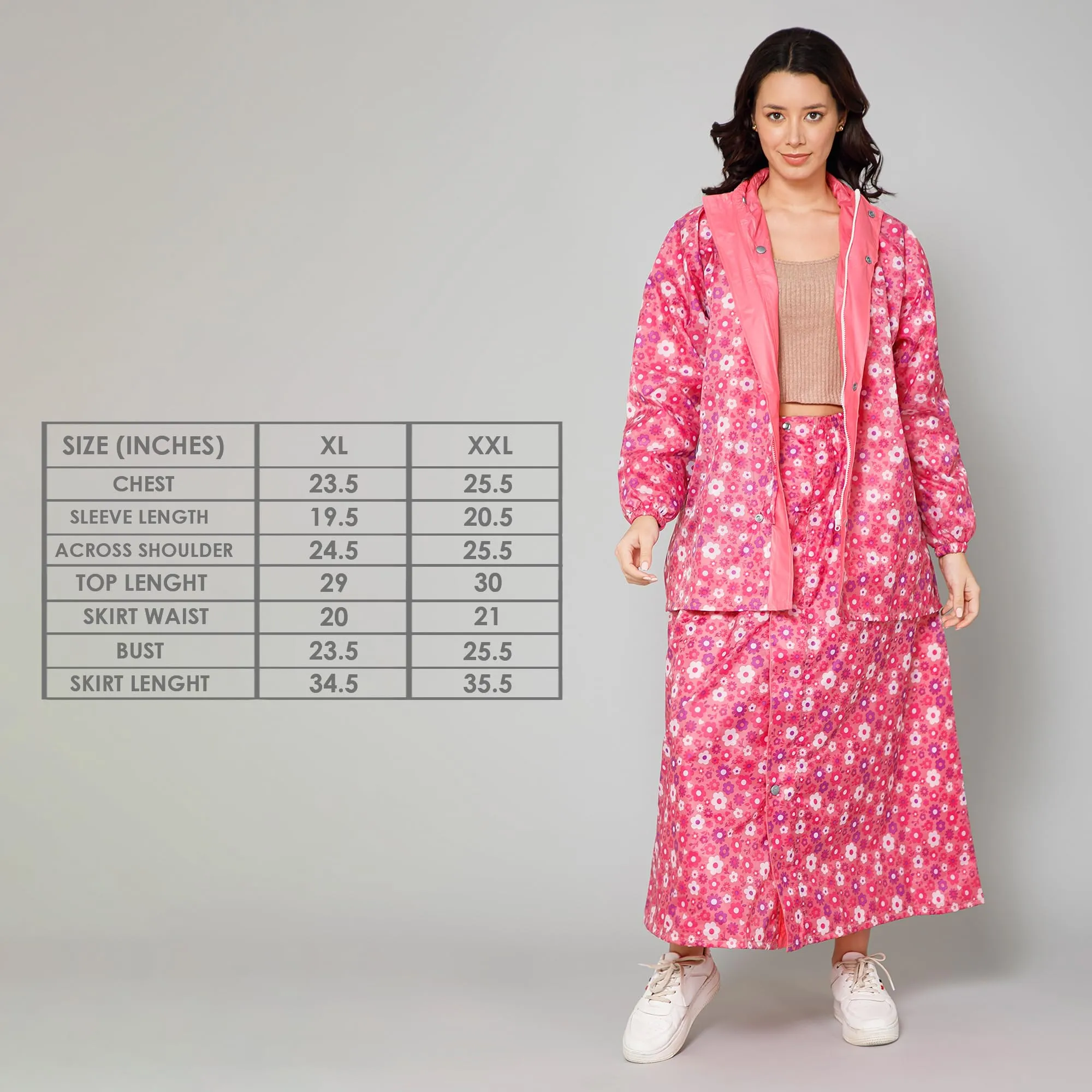 THE CLOWNFISH Polyester Waterproof Rain Coat For Women Skirt and Top Raincoat With Adjustable Hood and Front Pockets Rain Glam Series (Pink Floral, XX-Large)