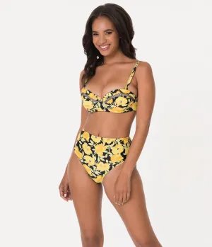 Unique Vintage Yellow Poppy Print Daphne Swim Bottoms