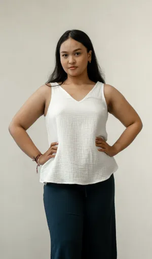 V Neck Swing Top Cotton Crinkle White - S, M, L