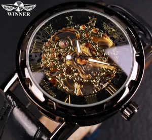 Winner Black Gold Male Clock Men Relogios Skeleton Watch