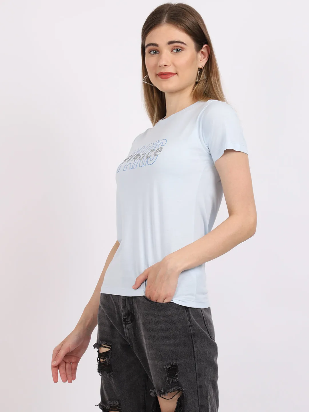 Women's Casual Regular Short Sleeve Sky Blue Round neck Typographic Print T-Shirt