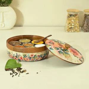 Wooden Masala Box | Pastel Flora | Multicolour